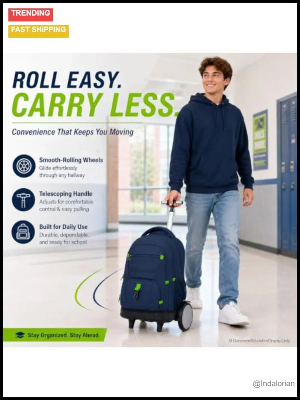 3-in-1 Men's Rolling Backpack with Bigger Wheels, Lunch Box Pencil Bag, Water